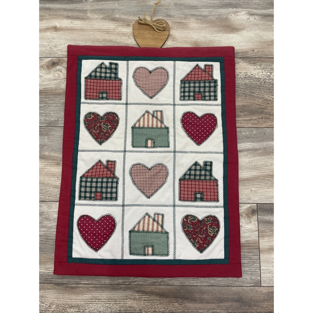 Handmade Quilted Hearts Houses Wall Hanging Placemat Country Decor 17x23